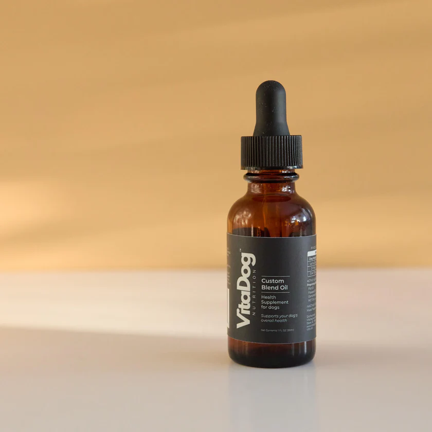 VitaDog Nutrition Custom Blend Oil in amber glass dropper bottle, 1 fl oz, health supplement for dogs